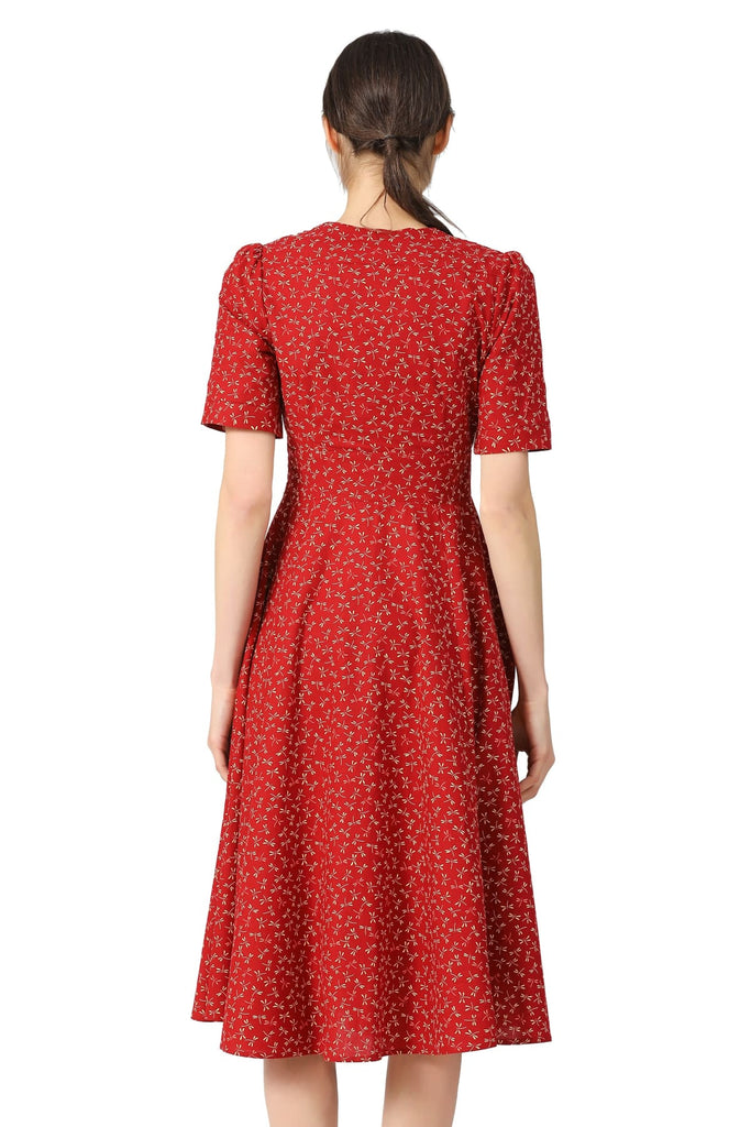 Red with Yellow Dragon Fly V Neck Button Up Cinched Waistline A Line Short Sleeve Cotton Dress with Pockets