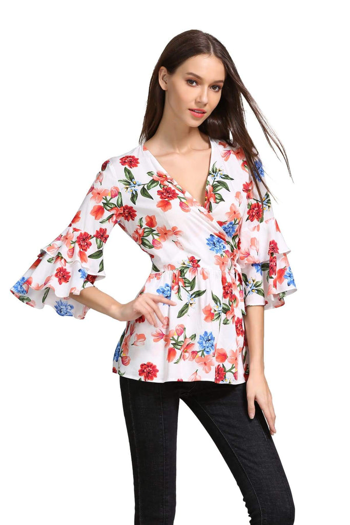 Soft White with Red and Blue Flower Ruffle Sleeve Wrap Top