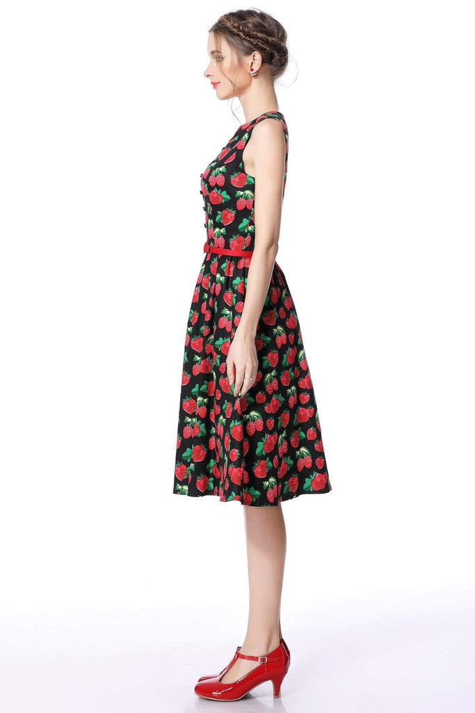 Strawberry Buttoned Boat Neck Vintage Swing Dress