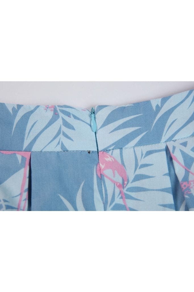 Summer Blue Box Pleated Palm Skirt with Pink Flamingo and Pockets