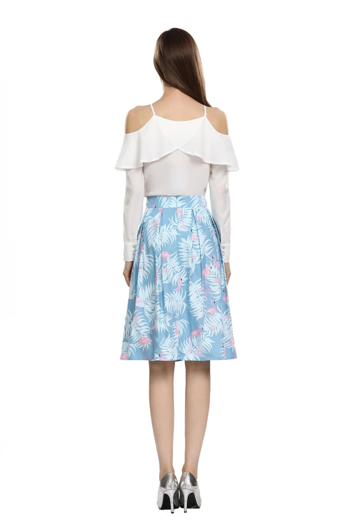 Summer Blue Box Pleated Palm Skirt with Pink Flamingo and Pockets
