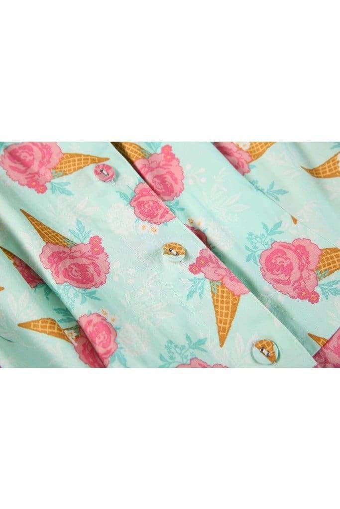 Sweet Aqua Pink Rose Ice Cream Shirt Dress with Pockets