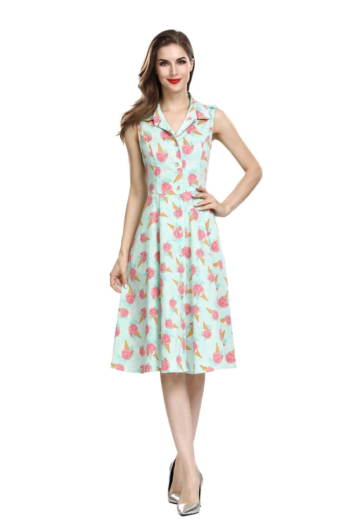 Sweet Aqua Pink Rose Ice Cream Shirt Dress with Pockets