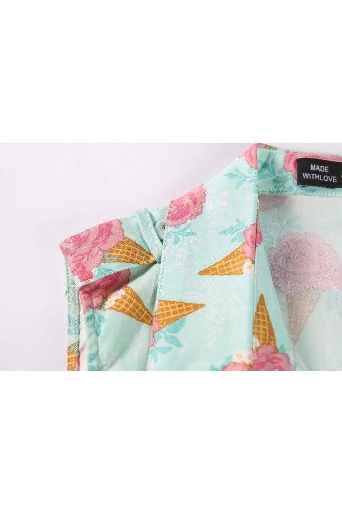 Sweet Aqua Pink Rose Ice Cream Shirt Dress with Pockets