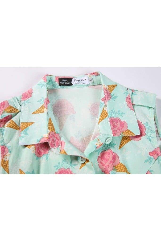 Sweet Aqua Pink Rose Ice Cream Shirt Dress with Pockets