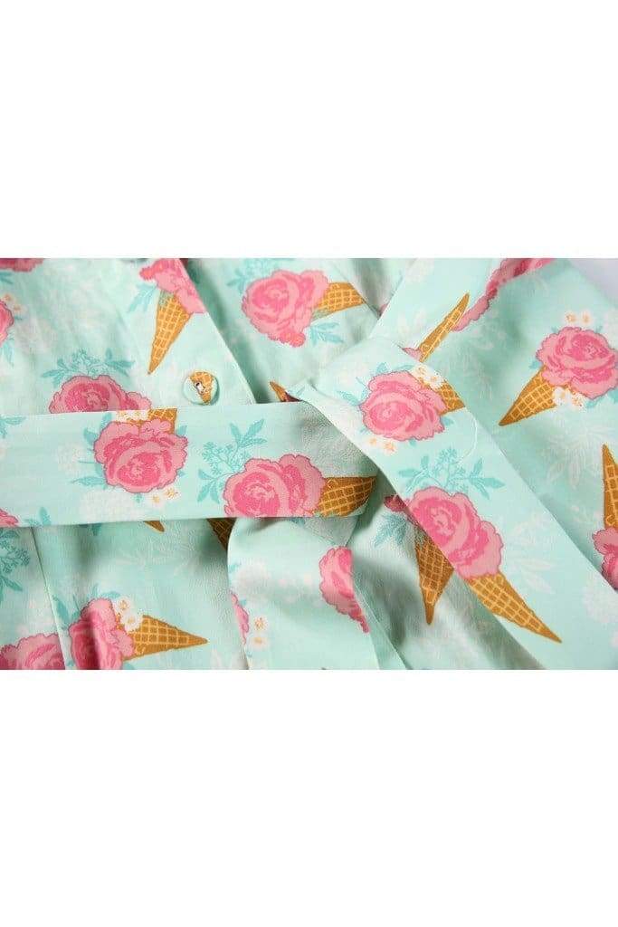 Sweet Aqua Pink Rose Ice Cream Shirt Dress with Pockets