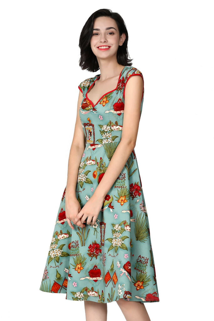 Sweetheart Neck Frida Print Vintage Swing Dress