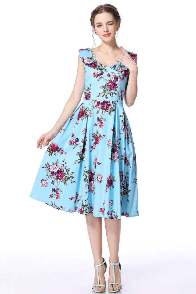 Tiffany Blue Rose Garden Cross Neck Vintage Swing Dress