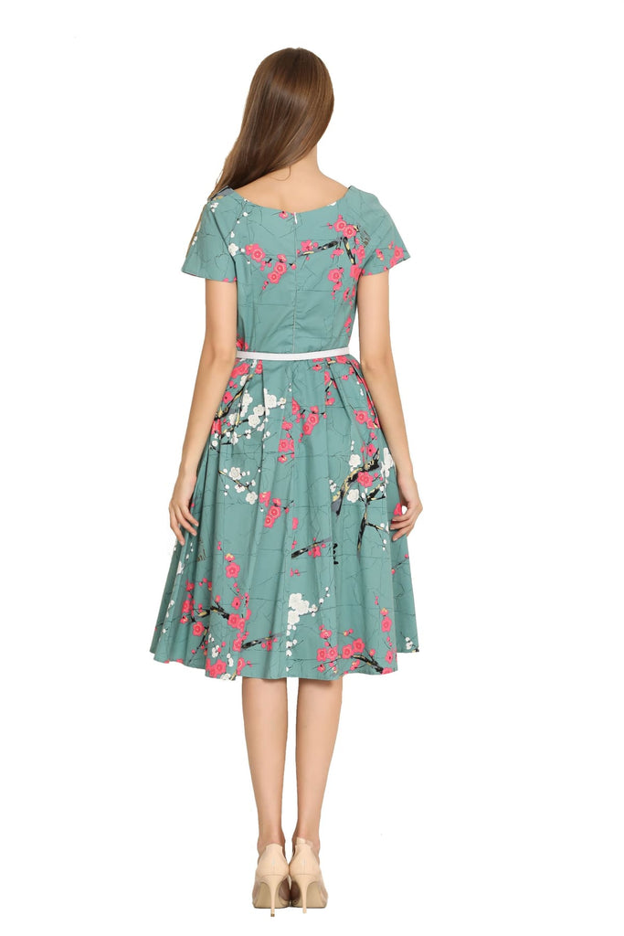 Turquoise Green with Pink & White Blossom Scoop Neck Vintage Dress with Sleeves