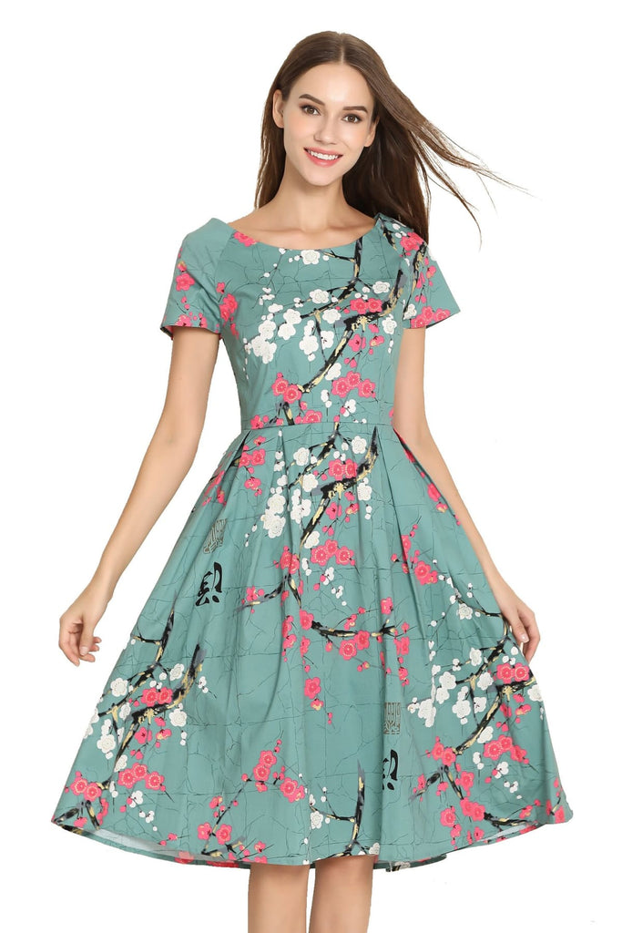 turquoise-green-pink-white-blossom-scoop-neck-vintage-dress-sleeves ...