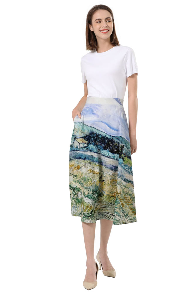 Van Gogh Placed Farm Field Print with Clear Skies Aline Cotton Skirt with Pockets