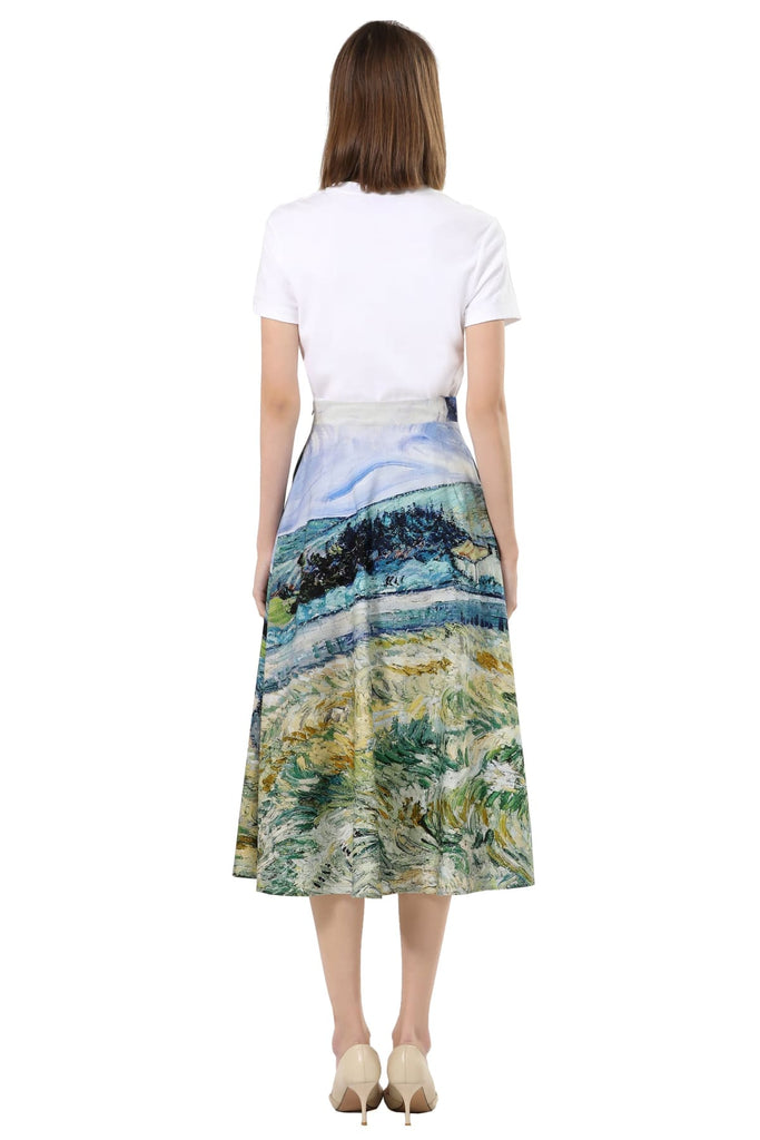 Van Gogh Placed Farm Field Print with Clear Skies Aline Cotton Skirt with Pockets