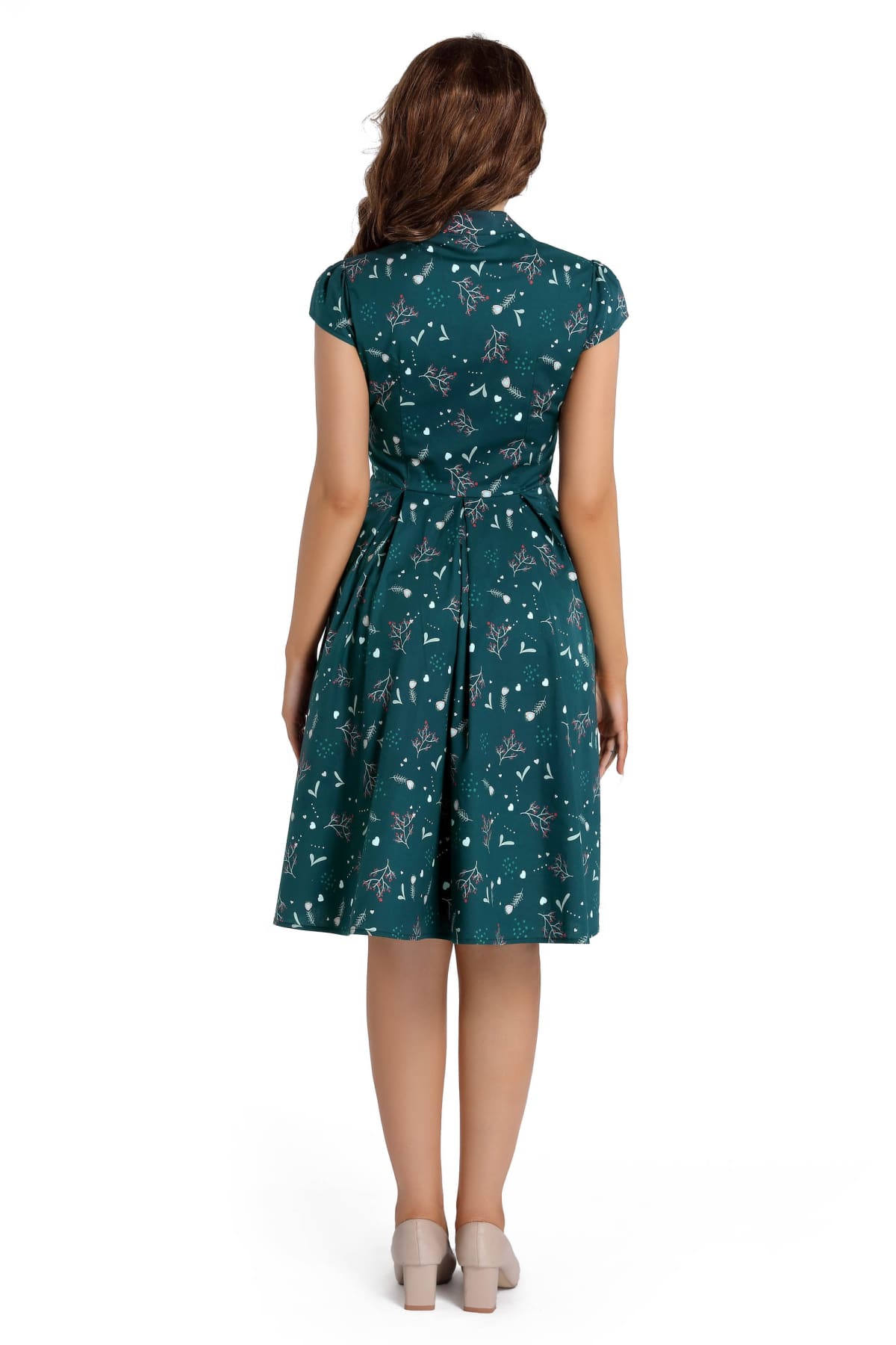 strapless open back dress Whimsical Green with Pink Flowers V Neck Box Pleated Vintage Dress with Cap  Sleeves