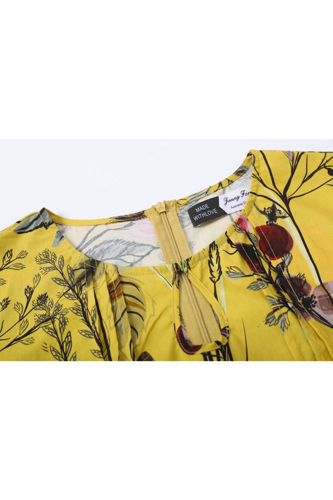 Whimsical Yellow Keyhole Short Sleeve with Red Berry Flower & Beautiful Butterflies A Line Cotton Dress with Pockets