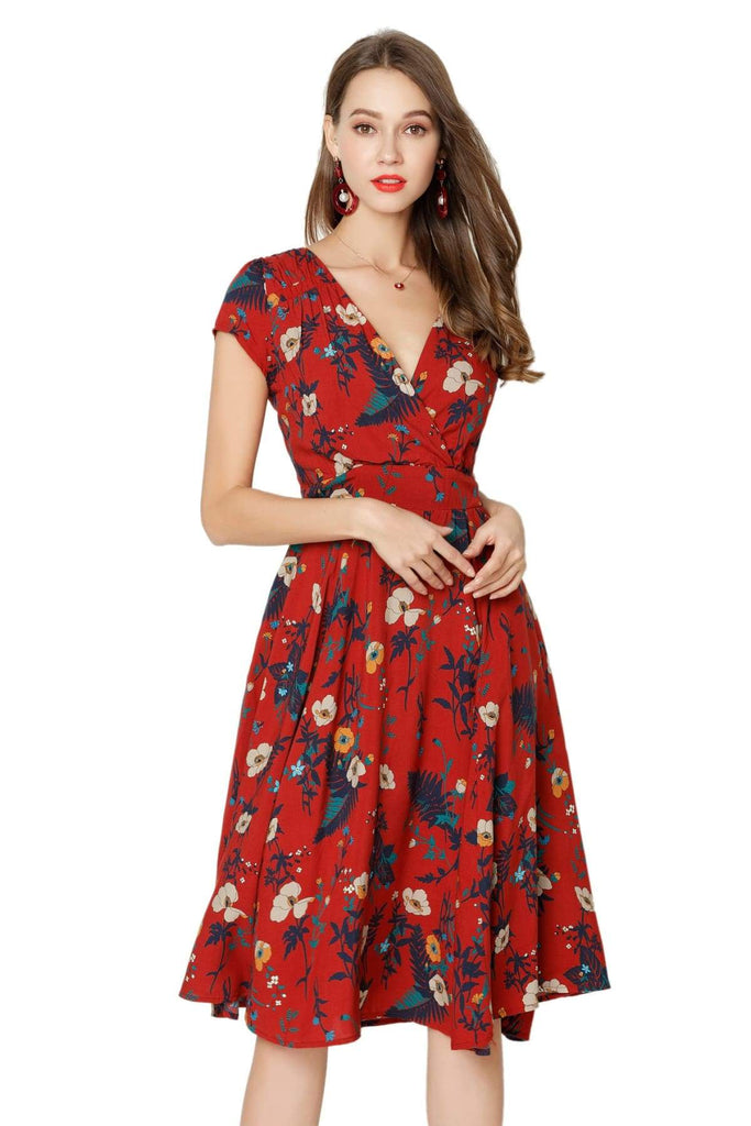 White Blossom & Dark Red V Neck Cross Over Dress