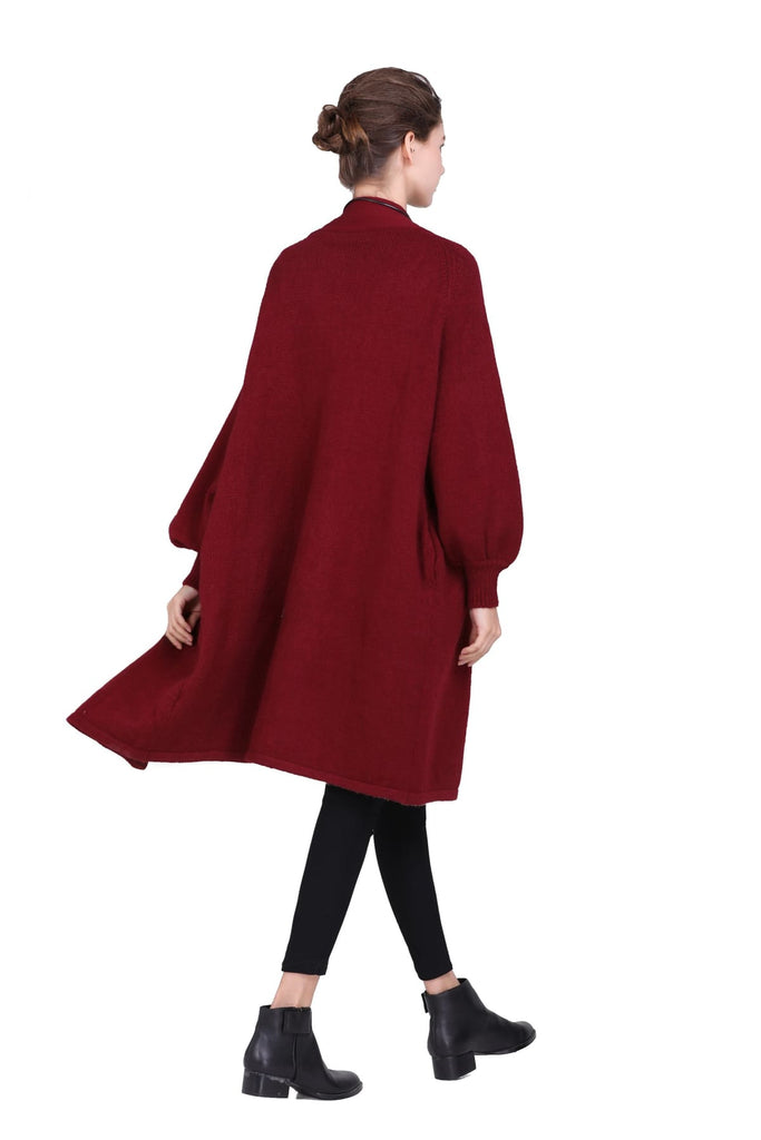 Wine Red Knitted Coat with Pockets