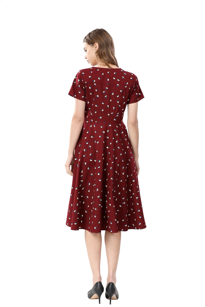 Wine Red with White & Blue Leaf Painted V Neck Button Front A Line Short Sleeve Cotton Dress with Pockets