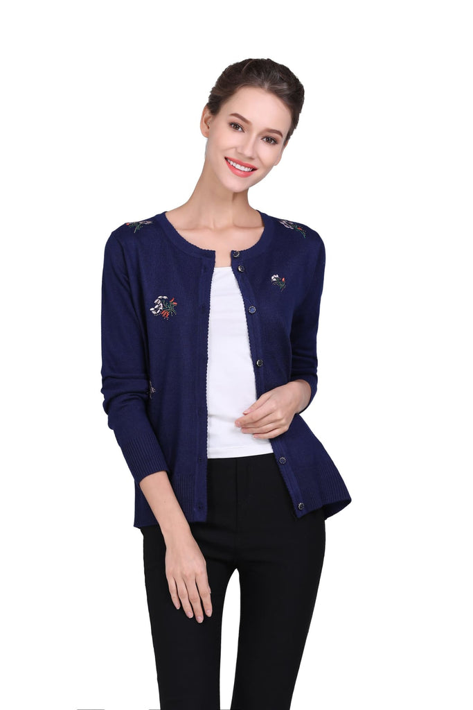 Wool Blend Bouquet Embroidered Navy Embellished Cardigan