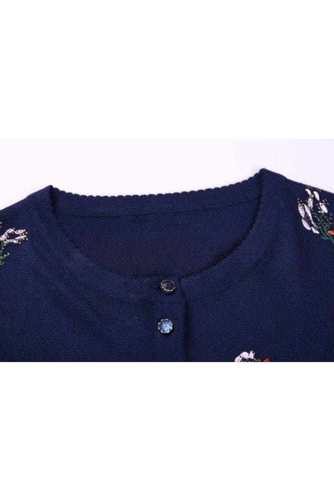 Wool Blend Bouquet Embroidered Navy Embellished Cardigan