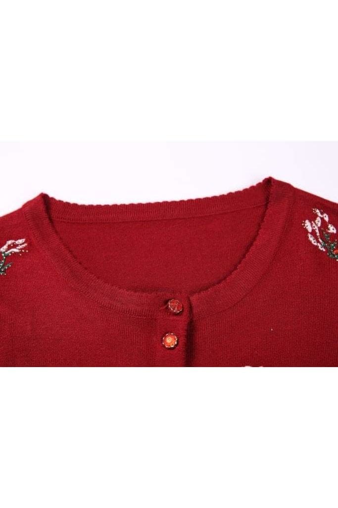 Wool Blend Bouquet Embroidered Wine Red Embellished Cardigan