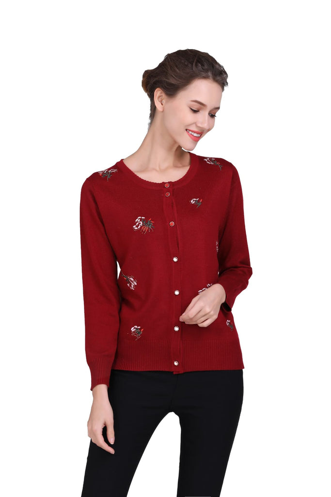 Wool Blend Bouquet Embroidered Wine Red Embellished Cardigan
