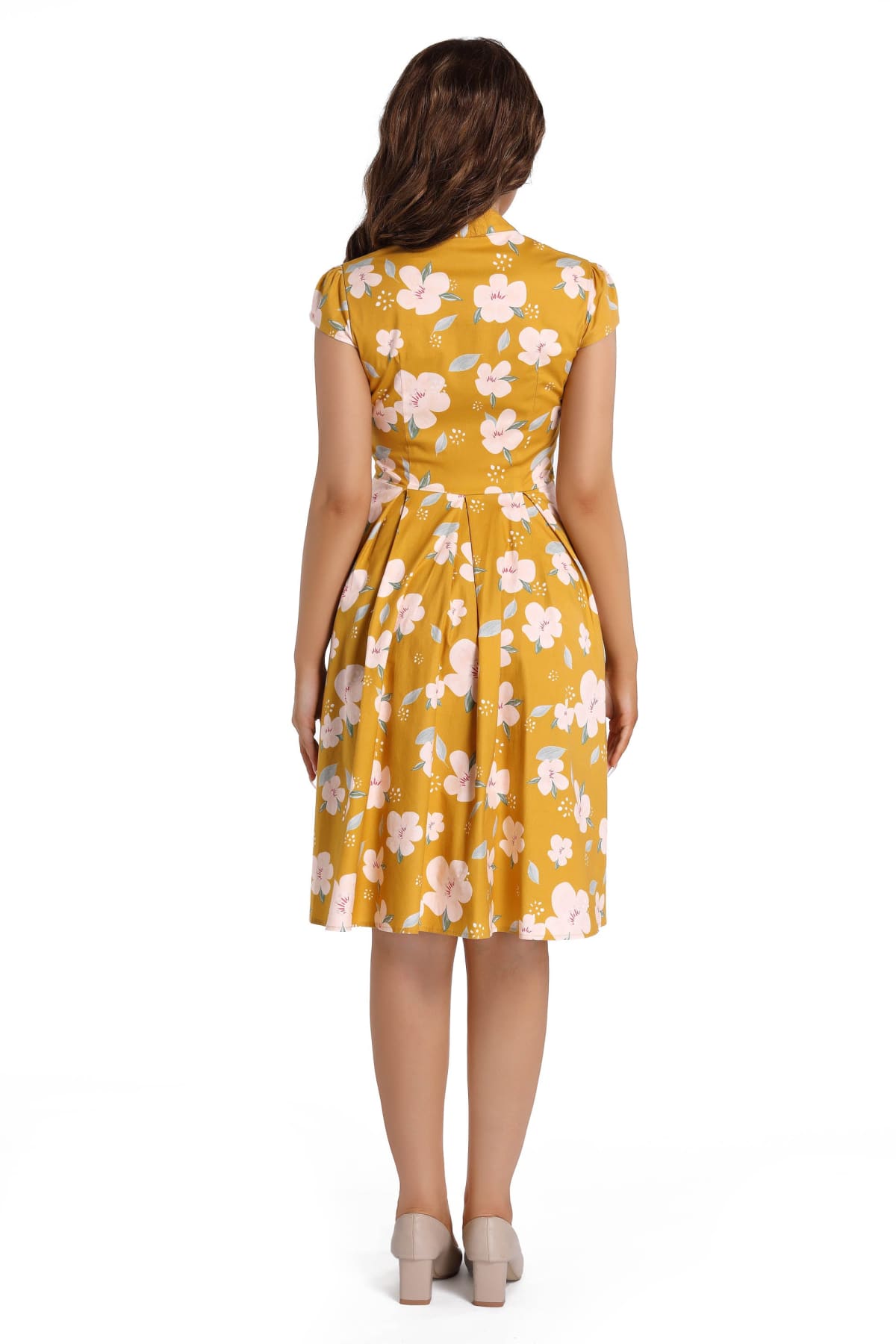 Yellow with Pink Flower V Neck Collared Box Pleat Vintage Dress with Cap Sleeves Yellow with Pink Flower V Neck Collared Box Pleat Vintage Dress with Cap Sleeves